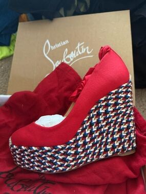 Christian Louboutin Red Canvas Espadrille Wedge Ankle Tie EU 37 | Worn Once